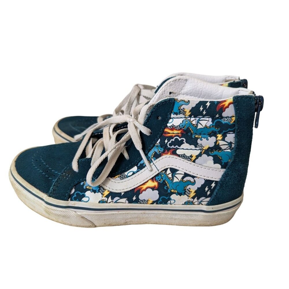 VANS Off The Wall Green Dragons Kids Size 3 High Top Zip Back Suede Sneaker Shoe